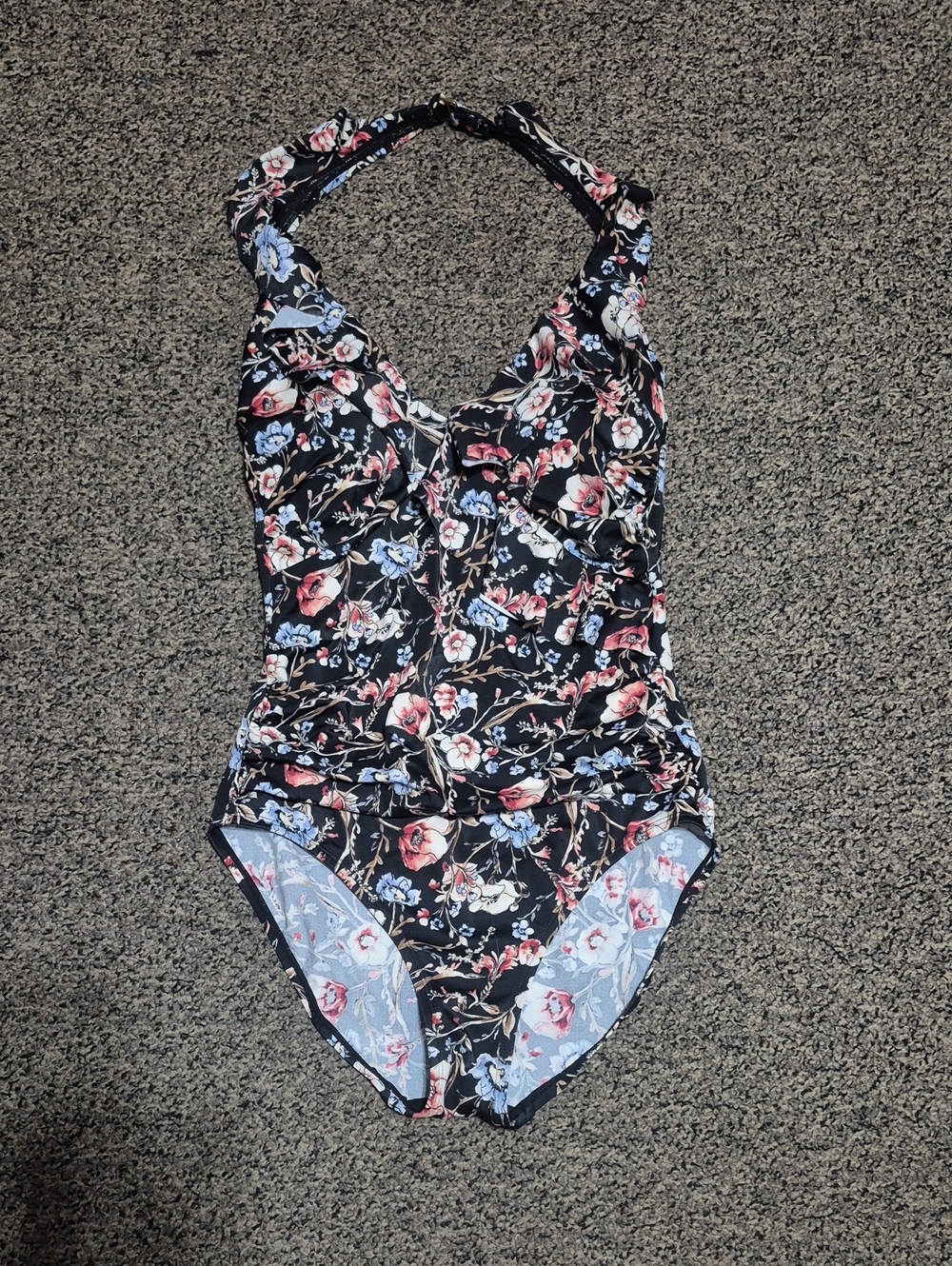 White House Black Market Black Floral Halter One-Piece Swimsuit